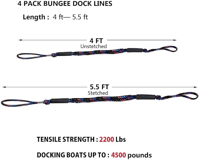 Bungee Dock Lines for Boat Shock Absorb Dock Tie Mooring Rope Boat Accessories 4-5.5 ft,4Pack (Black&Blue&red)