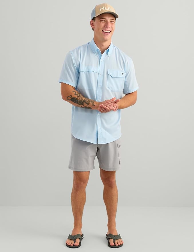 HUK Men's Tide Point Kc Scott Original Artwork Short Sleeve Shirt, Fishing Button Down