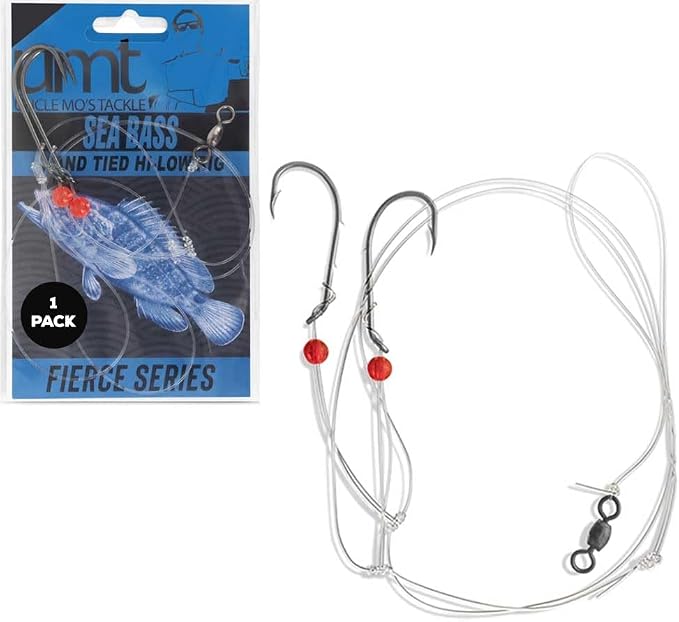 Sea Bass Hi/Lo Saltwater Fishing Rigs 1, 5 &10 Pack Bulk Options - Uncle Mo’s Tackle – Mustad Size 3/0 Bait Hook, 60lb Heavy Duty, 80lb Swivel & Sinker Loop, Hand Tied - for Fluke Porgy Snapper Croaker Sea Trout Tautog Spot Pompano