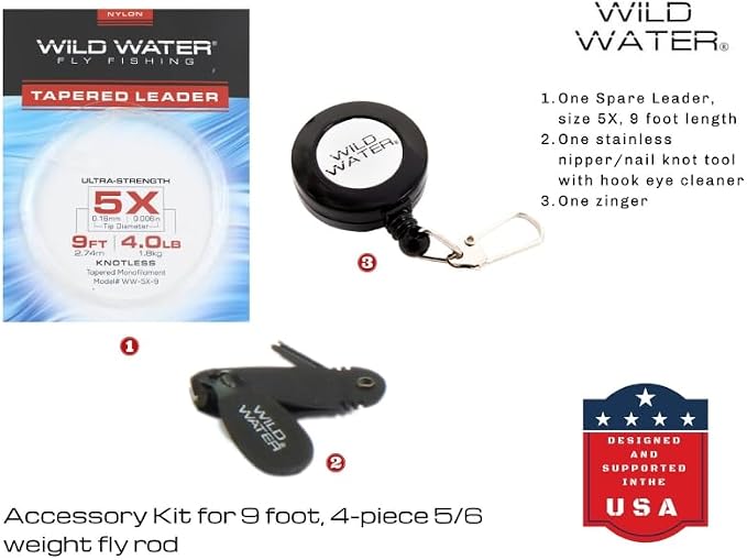 Wild Water Standard Fly Fishing Combo Starter Kit, 5 or 6 Weight 9 Foot Fly Rod, 4-Piece Graphite Rod with Cork Handle, Accessories, Die Cast Aluminum Reel, Carrying Case, Fly Box Case & Fishing Flies