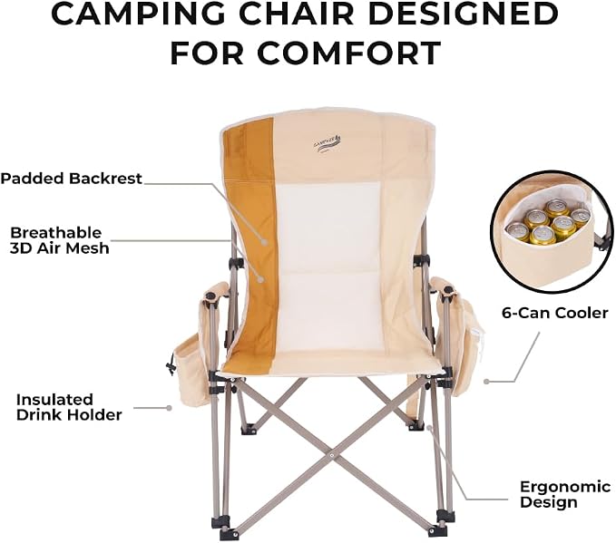 Camphor Designs Heavy Duty Portable Folding Camping Chair for Adults with Padded | for Outdoor & Sports, Backpacking, Beach, Lawn, Hunting, Tailgating, Fishing | Supports 400 Lbs (Single, Beige)