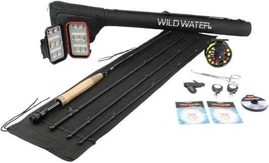 Wild Water Deluxe Fly Fishing Combo Starter Kit, 5 or 6 Weight 9 Foot Fly Rod, 4-Piece Graphite Rod with Cork Handle, Accessories, Die Cast Aluminum Reel, Carrying Case, Fly Box Case & Fishing Flies