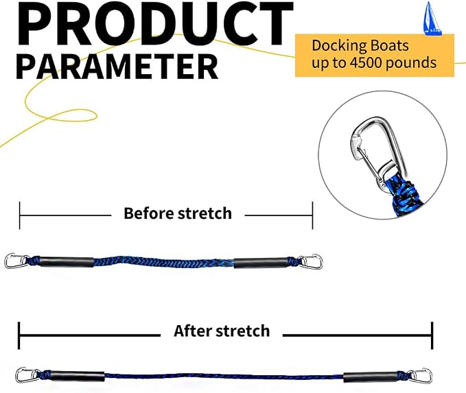 Bungee Boat Dock Line, Boat Rope with Double 316 Stainless Steel Clips Accessories for Bass Boat, Kayak, Pontoon, Watercraft, Waverunner, SeaDoo, Canoe,2Packs,4-6FT,Blue&Black