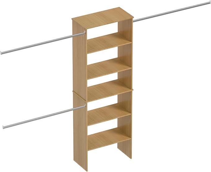 ROOMTEC Closet System, 25.5" Wide Wall-Mounted Closet Organizer Kit with Wood Storage Tower and 3 Hanging Rods, Wardrobe Closet System for Walk-In Closets, Wood