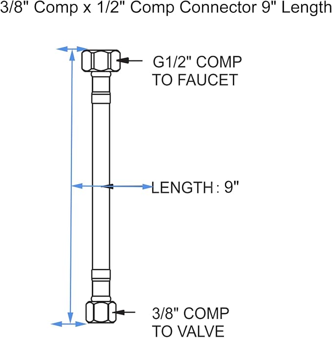 Faucet Supply Lines 3/8" Comp x 1/2" Comp Connector, ARCORA 9 Inch Length Bathroom Faucet Hose Braided Nylon Water Supply Line 3/8 Inch x 1/2 Inch Female Compression Connection 2Pcs (1 Pair)