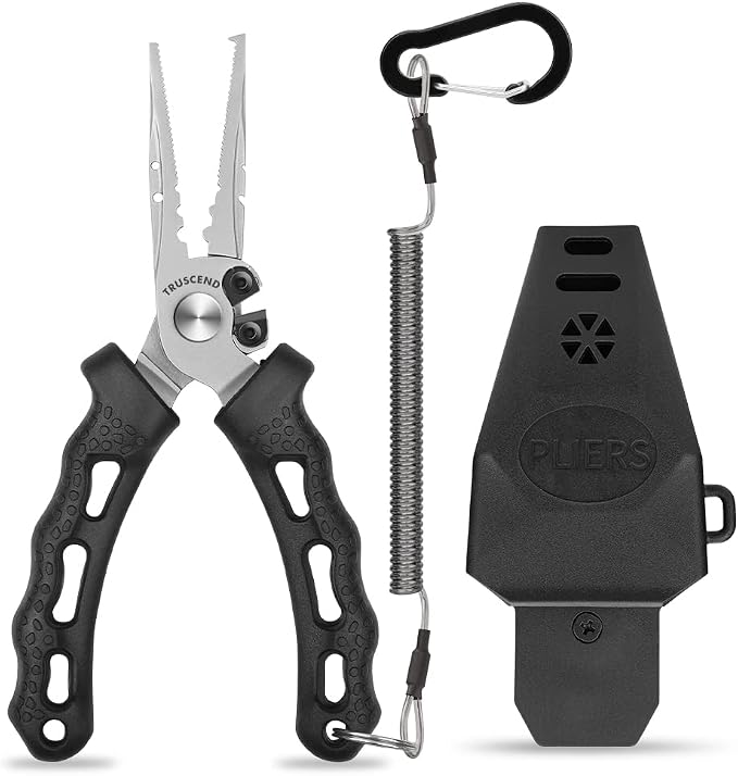 TRUSCEND Easy Use Lockable Fishing Pliers with Tungsten Carbide Cutter, Innovative Ergonomic Handy Handle, Saltwater Corrosion Resistant Teflon Coated Fishing Tool, Light Multi-Function Fishing Gear