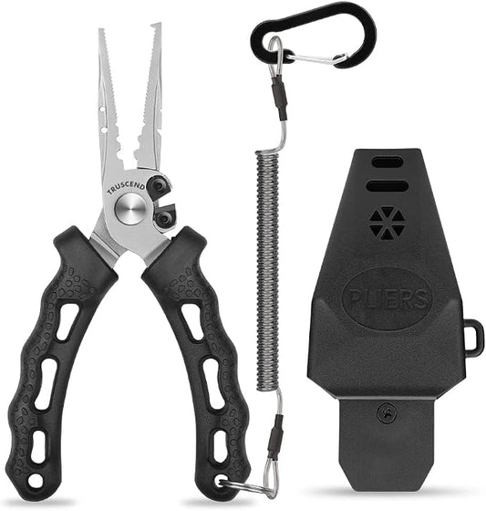 TRUSCEND Easy Use Lockable Fishing Pliers with Tungsten Carbide Cutter, Innovative Ergonomic Handy Handle, Saltwater Corrosion Resistant Teflon Coated Fishing Tool, Light Multi-Function Fishing Gear