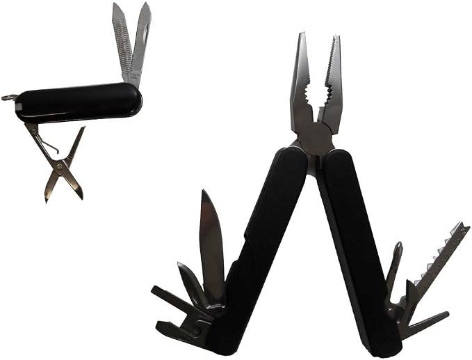2 Piece Multi-Tool Set | Plier & Pocket Knife | 2.5" (6.4 cm) & 1" (2.5 cm) Knives | Belt Pouch & Keyring Ready | Ideal for Camping & Hiking