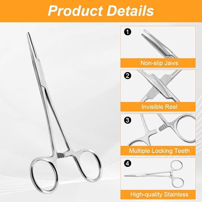 Ainiv 2 Piece Hemostat Curved and Straight Stainless Steel Self-Locking Fishing Forceps Piercing Remover Tool Piercing Grabber Tool for Nurses Pet Grooming Care Fishing DIY Crafting(7")