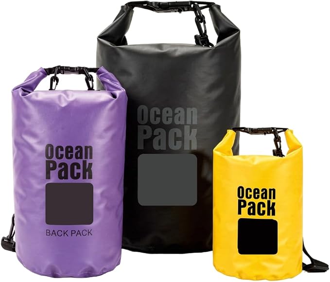 Waterproof Dry Bag Set of 3 – Roll Top Waterproof Bags 15L 20L 30L – 500D PVC Floating Dry Bags for Kayaking, Camping, Beach and Travel – Lightweight Compression Design (yellow, black, and purple)