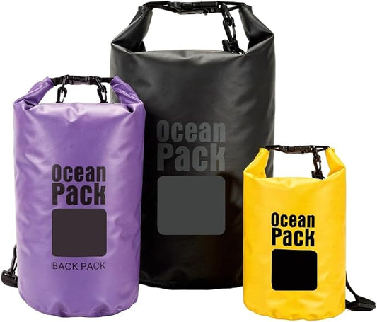 Waterproof Dry Bag Set of 3 – Roll Top Waterproof Bags 15L 20L 30L – 500D PVC Floating Dry Bags for Kayaking, Camping, Beach and Travel – Lightweight Compression Design (yellow, black, and purple)