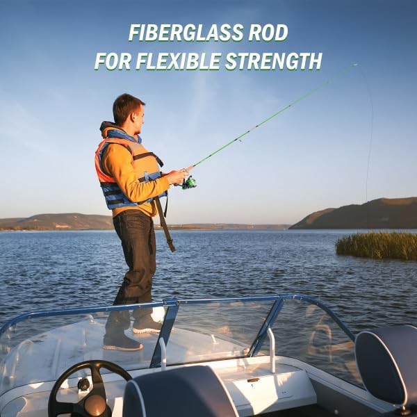 Fishing Rod and Reel Combo - Kettle Series Fiberglass Pole with Spinning Reel, Cork Handle, and Beginners Tackle Kit by Wakeman