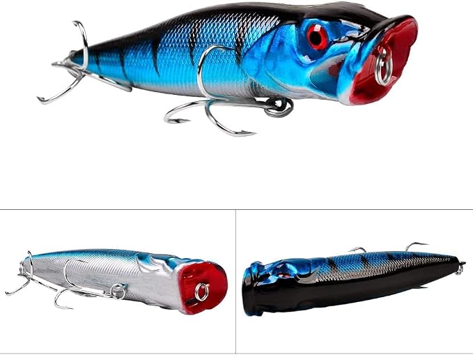 5pcs 9cm 3D Eyes Hard Baits Floating Topwater Popper Lures with Treble Hooks, Mixed Colors, ABS & High Carbon Steel, Targeting Pike, Bass, Salmon