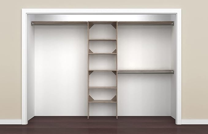 ClosetMaid SuiteSymphony Wood Closet Organizer Kit with Tower, 3 Hang Rods, Top Shelves, Adjustable, Fits Spaces 6 - 10 ft. Wide, Natural Gray