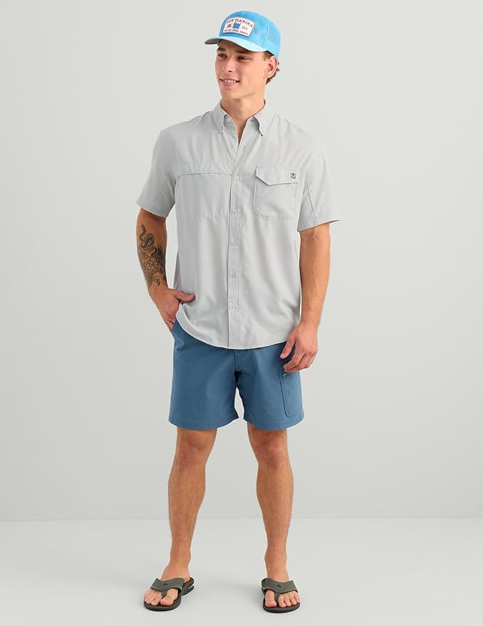 HUK Men's Tide Point Kc Scott Original Artwork Short Sleeve Shirt, Fishing Button Down
