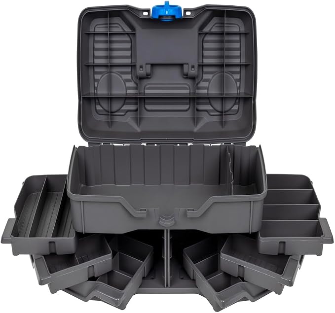 Flambeau Outdoors 660NGAK Next Gen 6/0 Large Fishing Tackle Box - 6 Pivot Trays, 32 Compartments, Includes 25-piece Tackle Kit, Fishing Tackle and Gear Storage, Fishing Lure Organizer, Dark Gray
