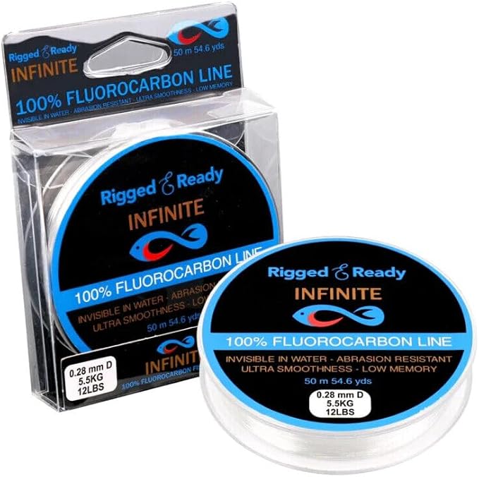 Rigged and Ready Infinite Fluorocarbon - Fluorocarbon Fishing Line Leader-50m 54.6y Virtually Invisible=More Bites. 4/8/12/16lb, 1.8/3.6/5.5/7.5kg-Saltwater Freshwater
