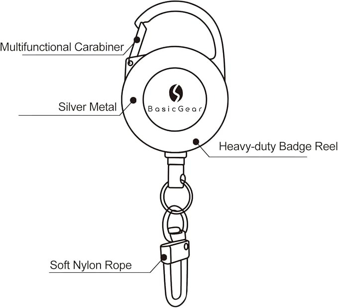 BasicGear Zinger Retractable Keychain 2 Pack – Brushed Metal with 24" Cord, Heavy Duty Badge Reel for Fishing & Outdoors