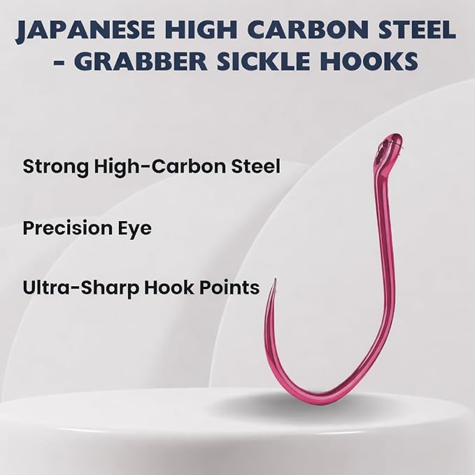 Maruto Barbless Grabber Sickle Fishing Hooks, Strong Japanese High Carbon Steel, Sizes #1 to 5/0, Black, Red & Pink