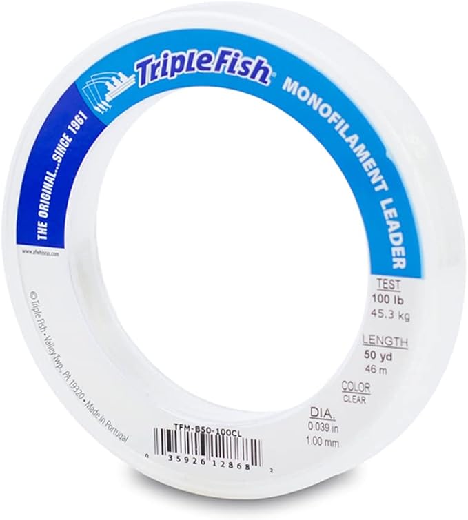 Triple Fish Monofilament Fishing Leader - Clear, Camo Strong Tough Leader Material for Big Game Fishing, Up to 400lb Test