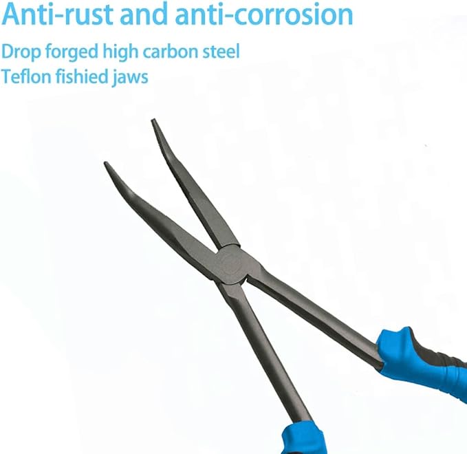Long Nose Fishing Pliers Hook Remover Tools 11 Inches (Blue Black - Curved Needle Nose Pliers)