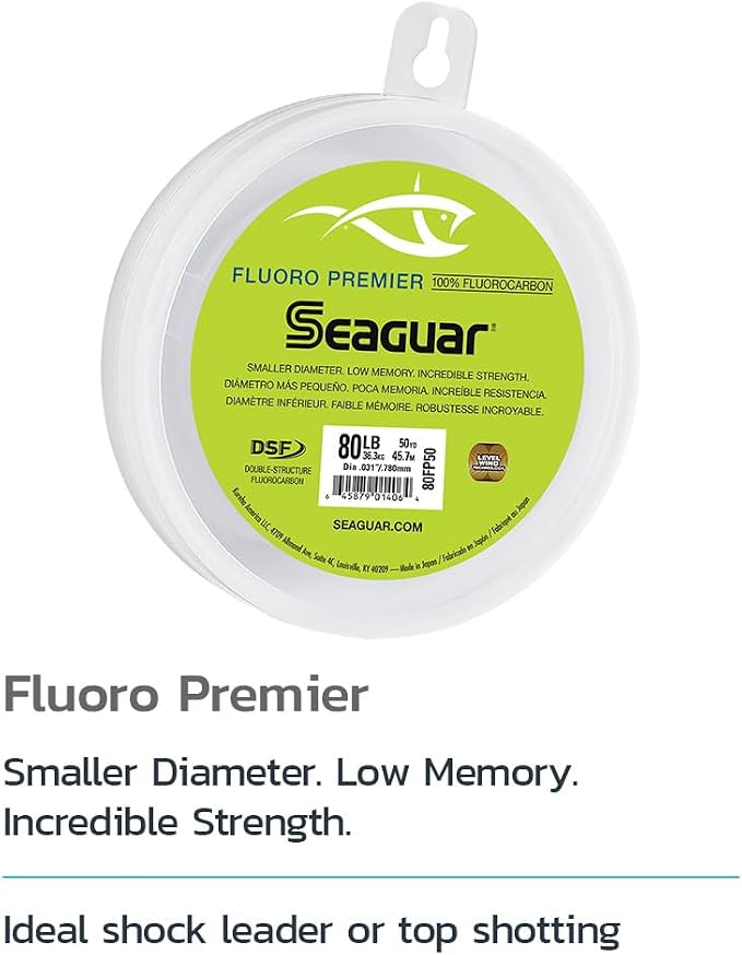 Seaguar Fluoro Premier Saltwater Fishing Line Shock Leader, 100% Fluorocarbon, Multiple Sizes