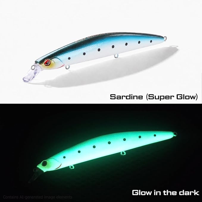 LITTMA California Surf Fishing Lures Saltwater Jerkbait Crankbait Surf Minnow 110/125 - Metallic Sardine Super Glow & Pearl Pink Belly Glow Lures for Halibut & Striper Fishing