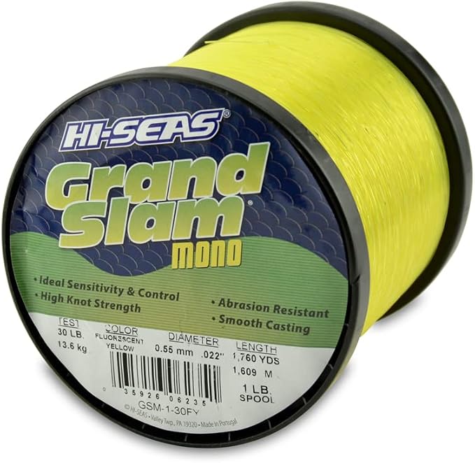 HI-SEAS Grand Slam Monofilament Fishing Line - Strong & Abrasion Resistant in Clear, Pink, Green, Smoke Blue, Fluorescent Yellow Freshwater & Saltwater - 1 lb Spool