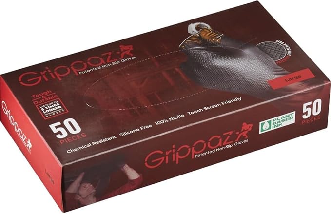Grippaz 6 Mil Thick Black 100% Nitrile Disposable Gloves, Patented Fish Scale Grip, Touch Screen Capable