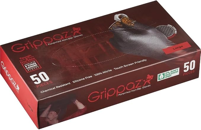 Grippaz 6 Mil Thick Black 100% Nitrile Disposable Gloves, Patented Fish Scale Grip, Touch Screen Capable
