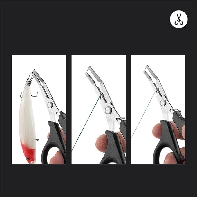 Multifunctional Fishing Plier Fish Hook Remover Cutter Scissors with Hooked Tip Practical Fishing Tool Durable Stainless Steel Fish Hook Remover Multifunctional Fishing Tool Accessory, Black