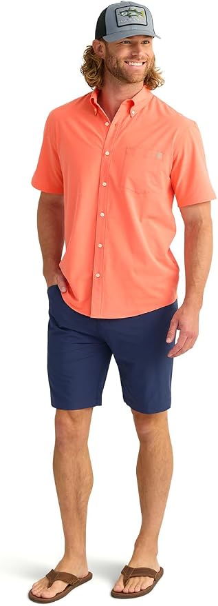 HUK Mens Kona Solid Short Sleeve Fishing Button Down Shirt for Men, Fresh Salmon, 3X-Large
