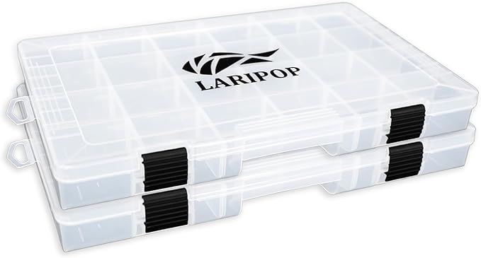 LARIPOP 2-Pack 3700 Fishing Tackle Boxes, Clear Plastic Storage Trays with Adjustable Dividers, Organizer for Lures, Hooks, Sinkers, Jigs & Fishing Accessories