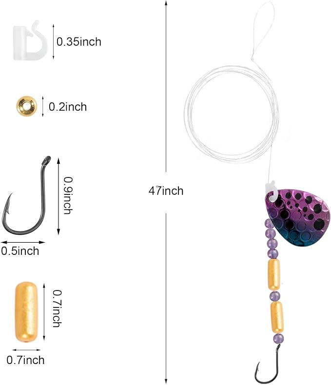 Dr. Fish 10 Pack Walleye Rigs Kit, 47 Inches, 15LB Mono Crawler Harness Walleye Float Rig Colorado Spinner Octopus Hooks for Freshwater Trolling
