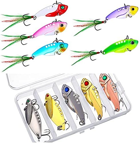 Sumind 10 Pcs Blade Baits Fishing Lures Hard Metal Blade Baits for Walleye Bass Fishing Spinner Spoons Trout Lures for Crappie Saltwater Freshwater, with Storage Box, Assorted Styles