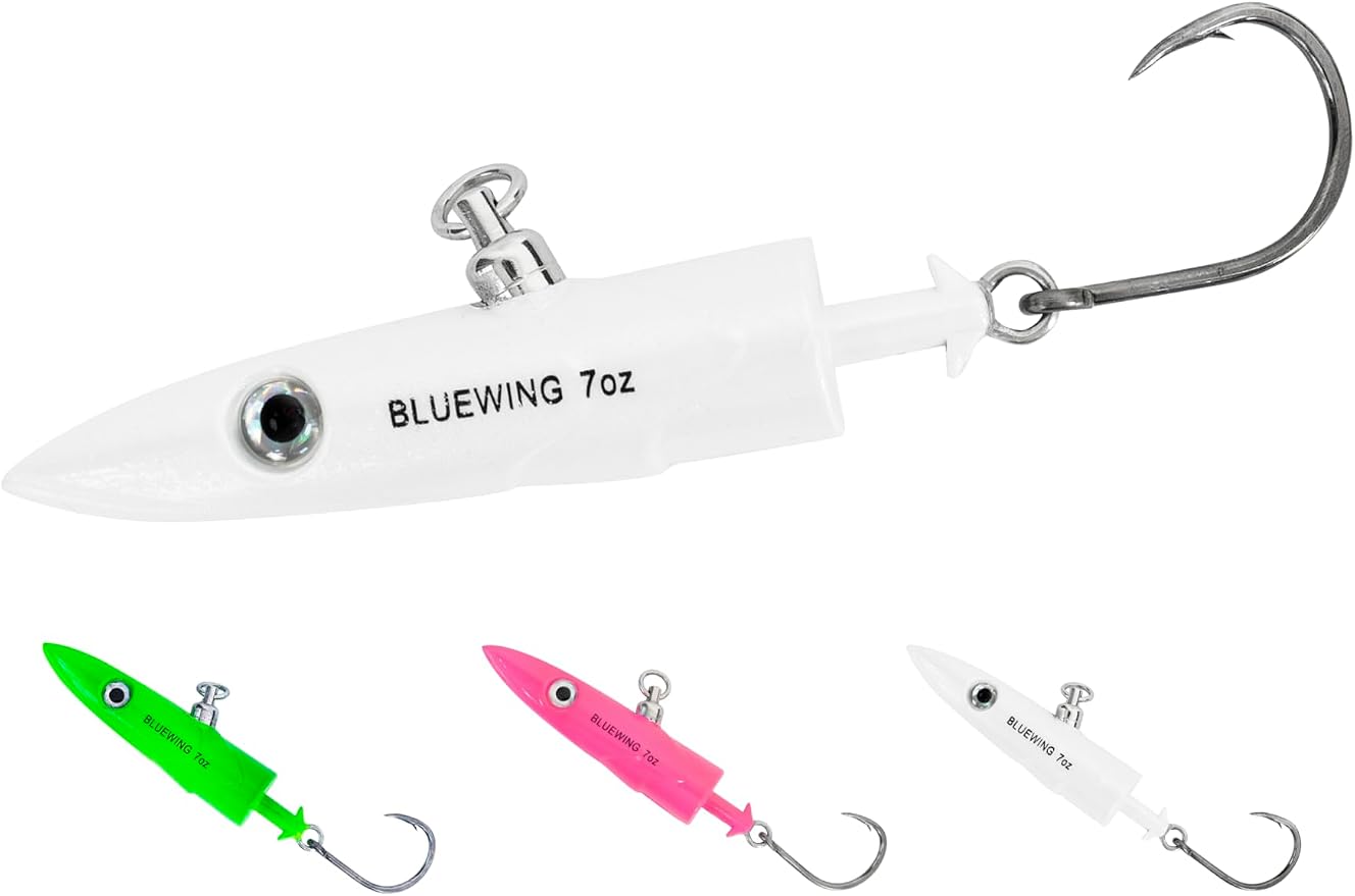 BLUEWING Jig Heads Saltwater 2oz,3oz,4oz,5oz,6oz,7oz Swimming Jigheads 1pc with High Carbon Steel Swing Hook and 6in/9in Replacement Tail Big Game Fishing Lures