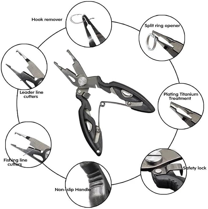 DeepCrush Fishing Pliers, Saltwater, Stainless Steel, Multi-Function, Anti-Corrosion, 4.9-Inch, with Sheath and Lanyard, Fishing Gifts for Men (Black)