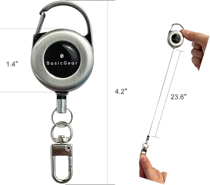 BasicGear Zinger Retractable Keychain 2 Pack – Brushed Metal with 24" Cord, Heavy Duty Badge Reel for Fishing & Outdoors