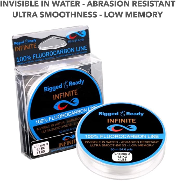 Rigged and Ready Infinite Fluorocarbon - Fluorocarbon Fishing Line Leader-50m 54.6y Virtually Invisible=More Bites. 4/8/12/16lb, 1.8/3.6/5.5/7.5kg-Saltwater Freshwater