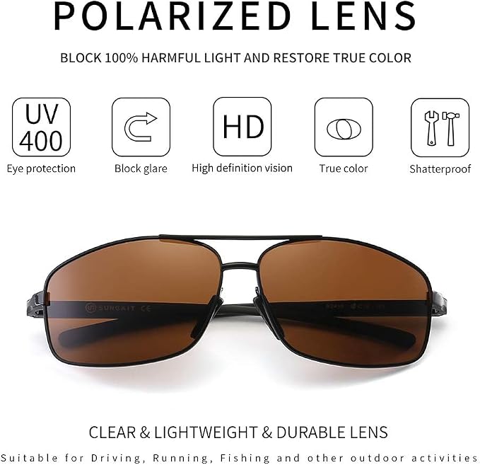 SUNGAIT Ultra Lightweight Rectangular Polarized Sunglasses Men UV400 Protection