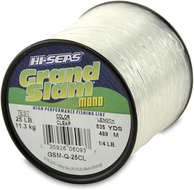 HI-SEAS Grand Slam Monofilament Fishing Line - Strong & Abrasion Resistant in Clear, Pink, Green, Smoke Blue, Fluorescent Yellow Freshwater & Saltwater – Quarter Pound Spool