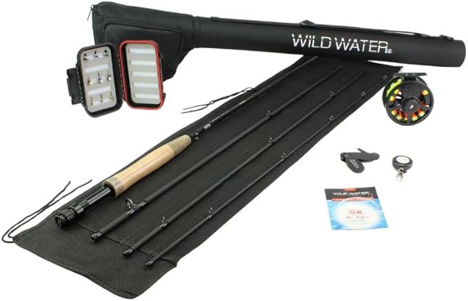 Wild Water Standard Fly Fishing Combo Starter Kit, 5 or 6 Weight 9 Foot Fly Rod, 4-Piece Graphite Rod with Cork Handle, Accessories, Die Cast Aluminum Reel, Carrying Case, Fly Box Case & Fishing Flies
