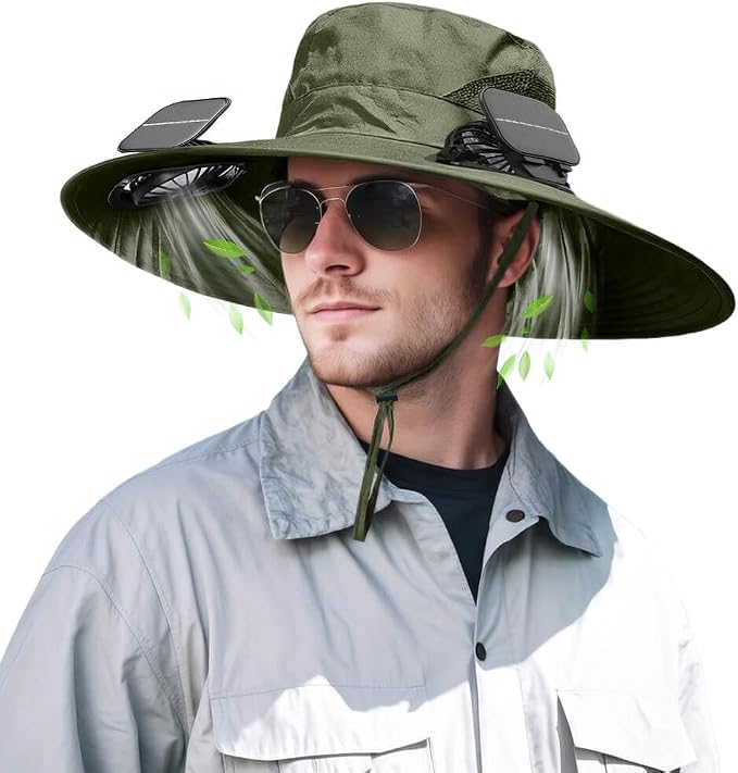 Solar Powered Fan Hat for Men Women Wide Brim Hat with 2 Fans UPF 50+ Outdoor Fishing Beach Sun Hat