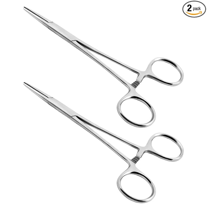 Ainiv 2 Piece Hemostat Straight Stainless Steel Self-Locking Fishing Forceps Piercing Remover Tool Piercing Grabber Tool for Nurses Pet Grooming Care Fishing DIY Crafting(5")