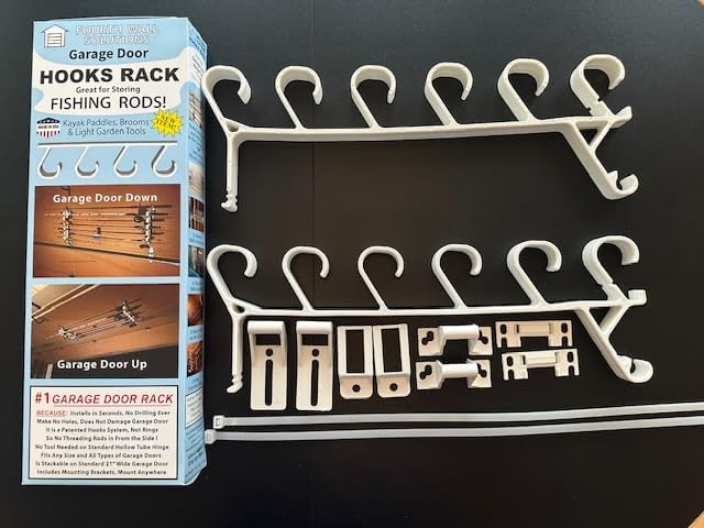 Storage Rack for Garage Doors with Hooks for Fishing Rods, Kayak Paddles and More