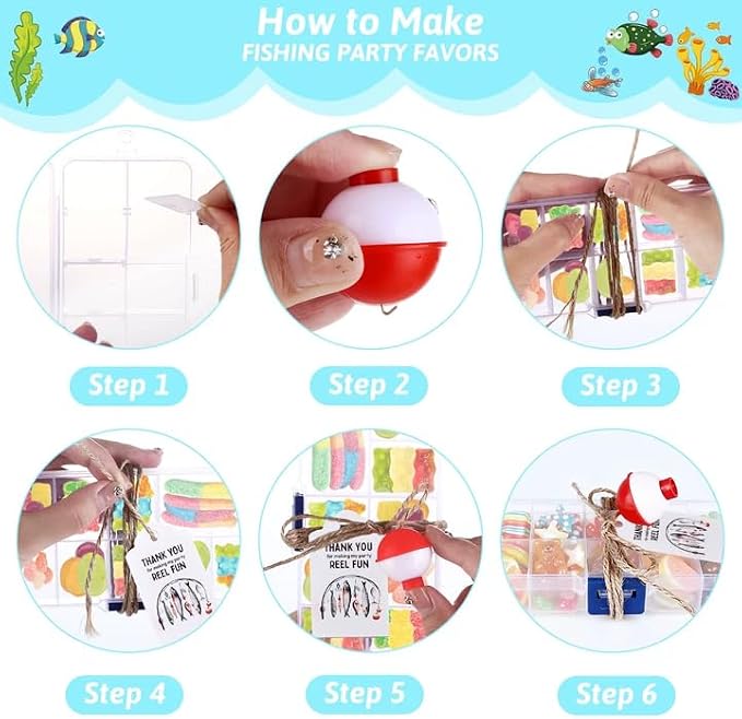 Draupnir 30 Sets Fishing Party Favors Candy Tackle Boxes with 30 Fishing Bobber 30 Thank You Cards for Fishing Theme Decorations