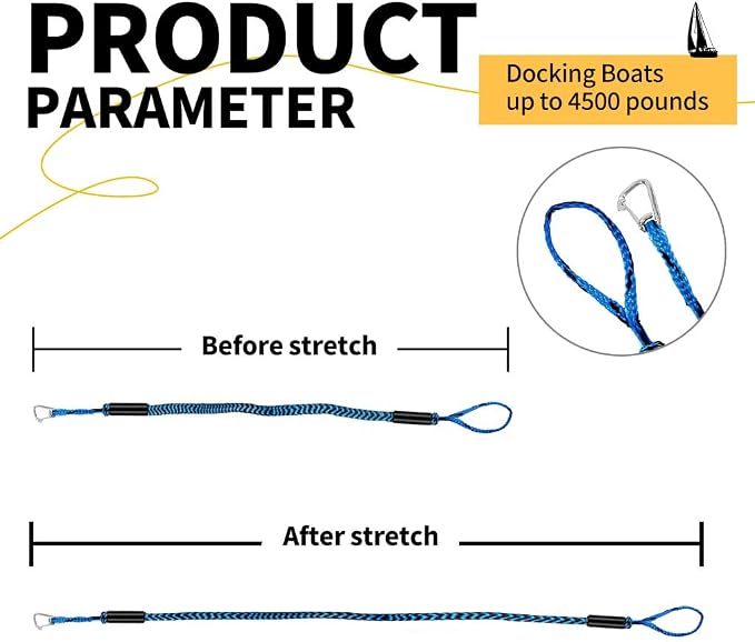 4-5.5ft, Bungee Dock Line with Stainless Steel Clip Safe Boat Rope Mooring String with Foam Float for Pontoon, Boat Accessories, Sea Doo,2 Pack (Blue&Black)