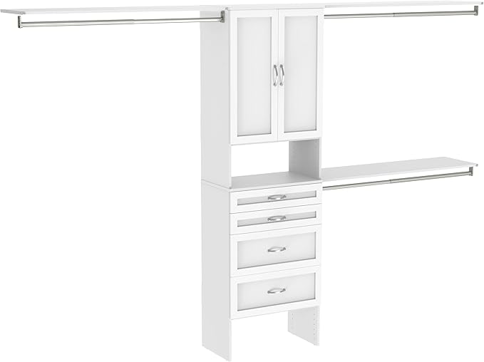 ClosetMaid SuiteSymphony Wood Closet Organizer Kit with Tower, 3 Hang Rods, Top Shelves, 4 Drawers, Doors, Adjustable, Fits Spaces 6 - 10 ft. Wide, Pure White