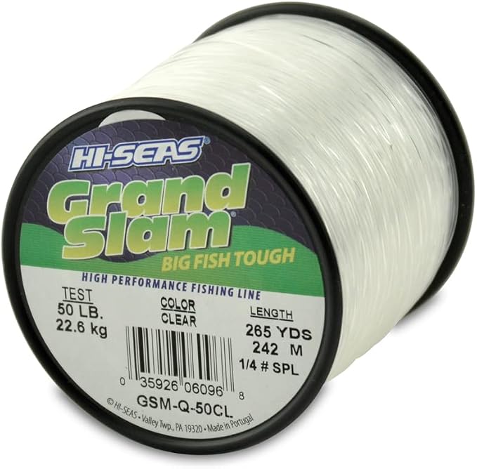 HI-SEAS Grand Slam Monofilament Fishing Line - Strong & Abrasion Resistant in Clear, Pink, Green, Smoke Blue, Fluorescent Yellow Freshwater & Saltwater – Quarter Pound Spool