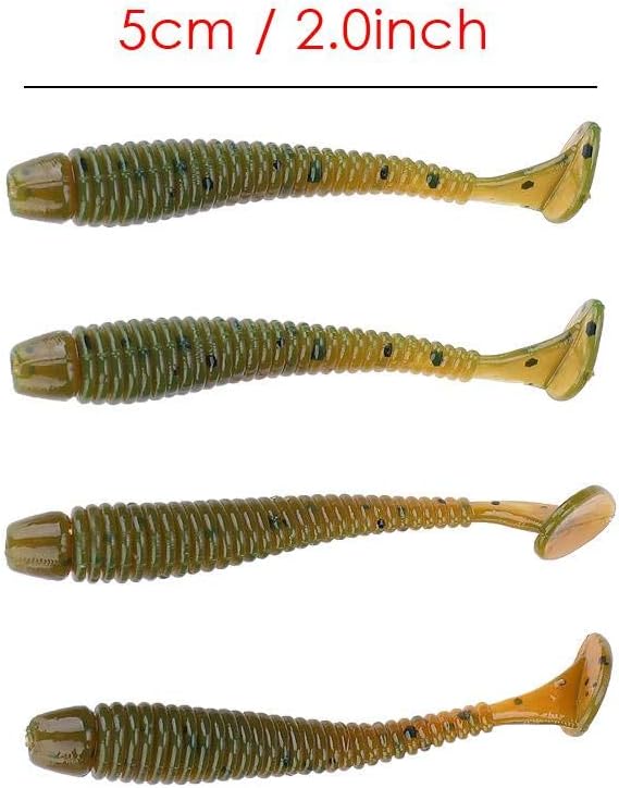 Tbest 50 Pcs 5cm Soft Fishing Lures, Plastic Fishing Bait T-Tail Grub Worm Baits Fish Tackle Accessory 9 Colors